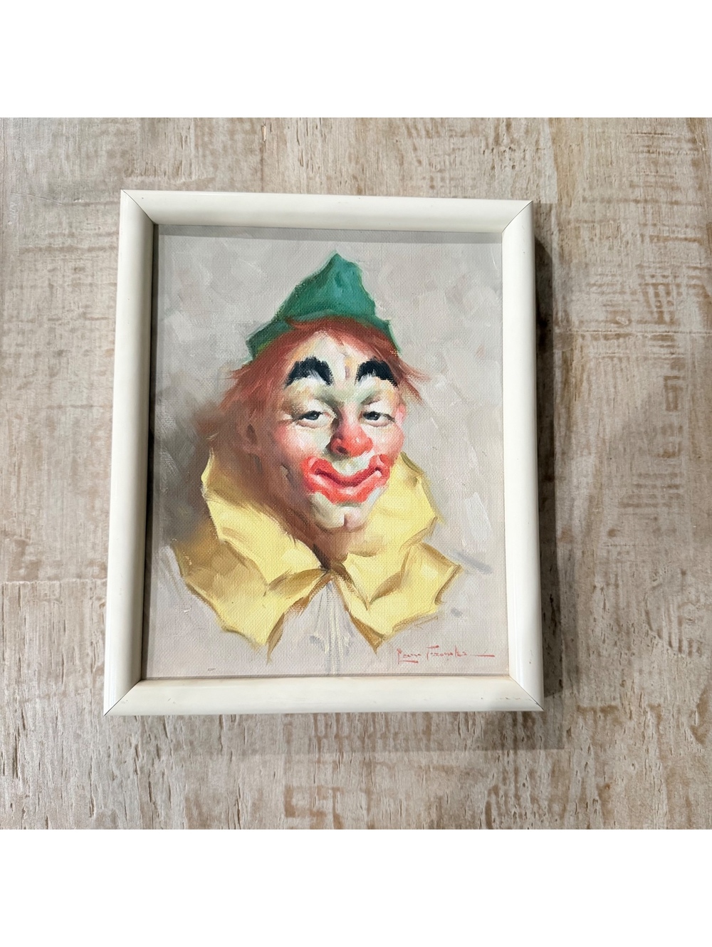 Vintage Original Signed Clown Portrait Painting on Canvas Framed 9x11 MCM Art